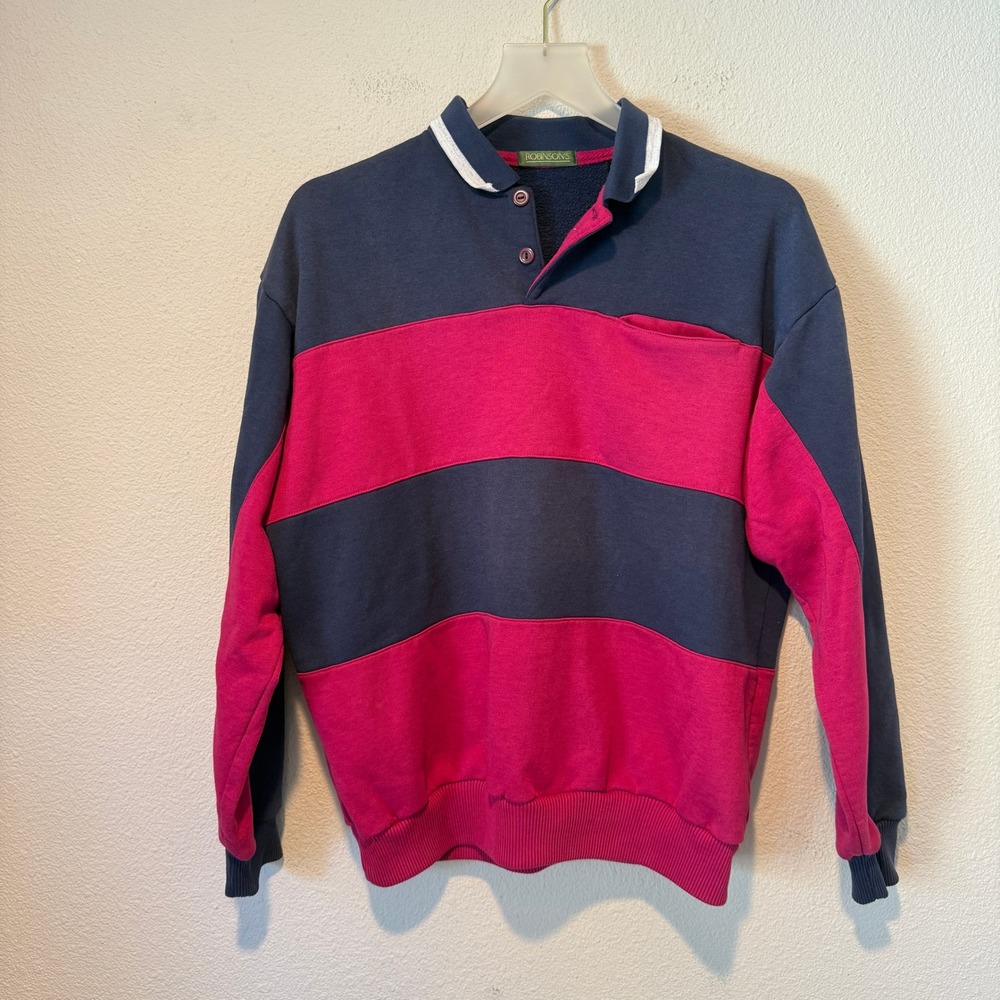 Vintage Robinsons Mens Medium Rugby Sweatshirt Navy Pink Striped Collared Polo